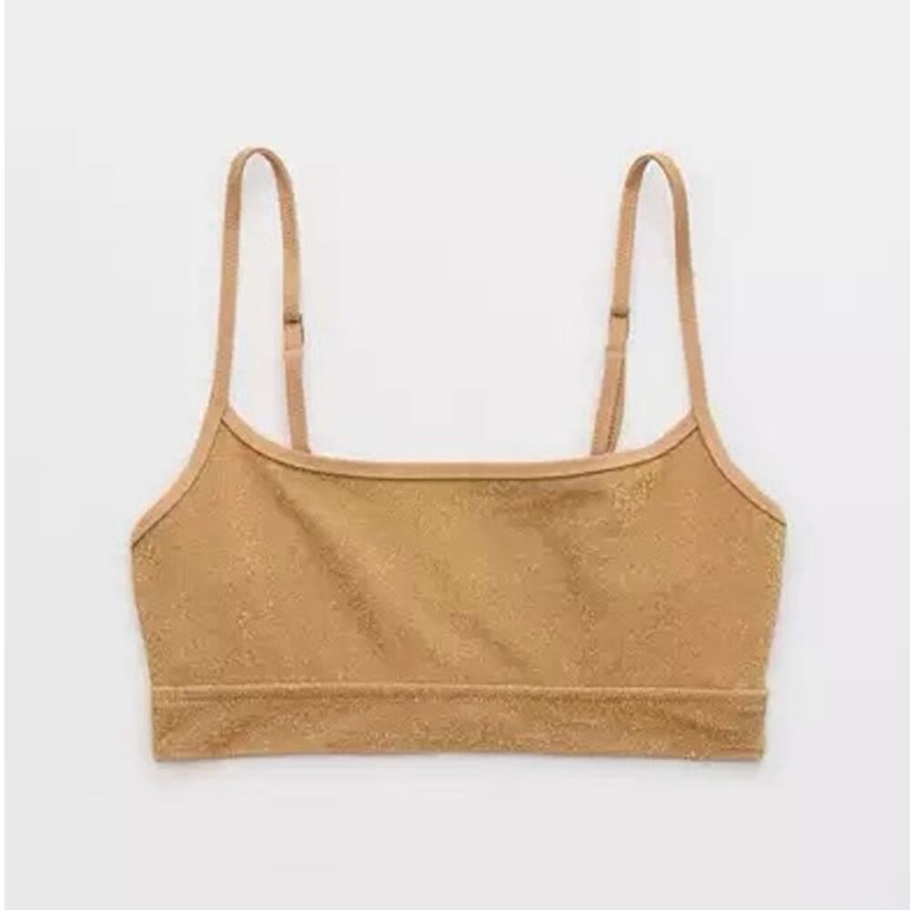AERIE SPARKLE BIKINI Gold Straight Scoop Top Adjustable XS NWT